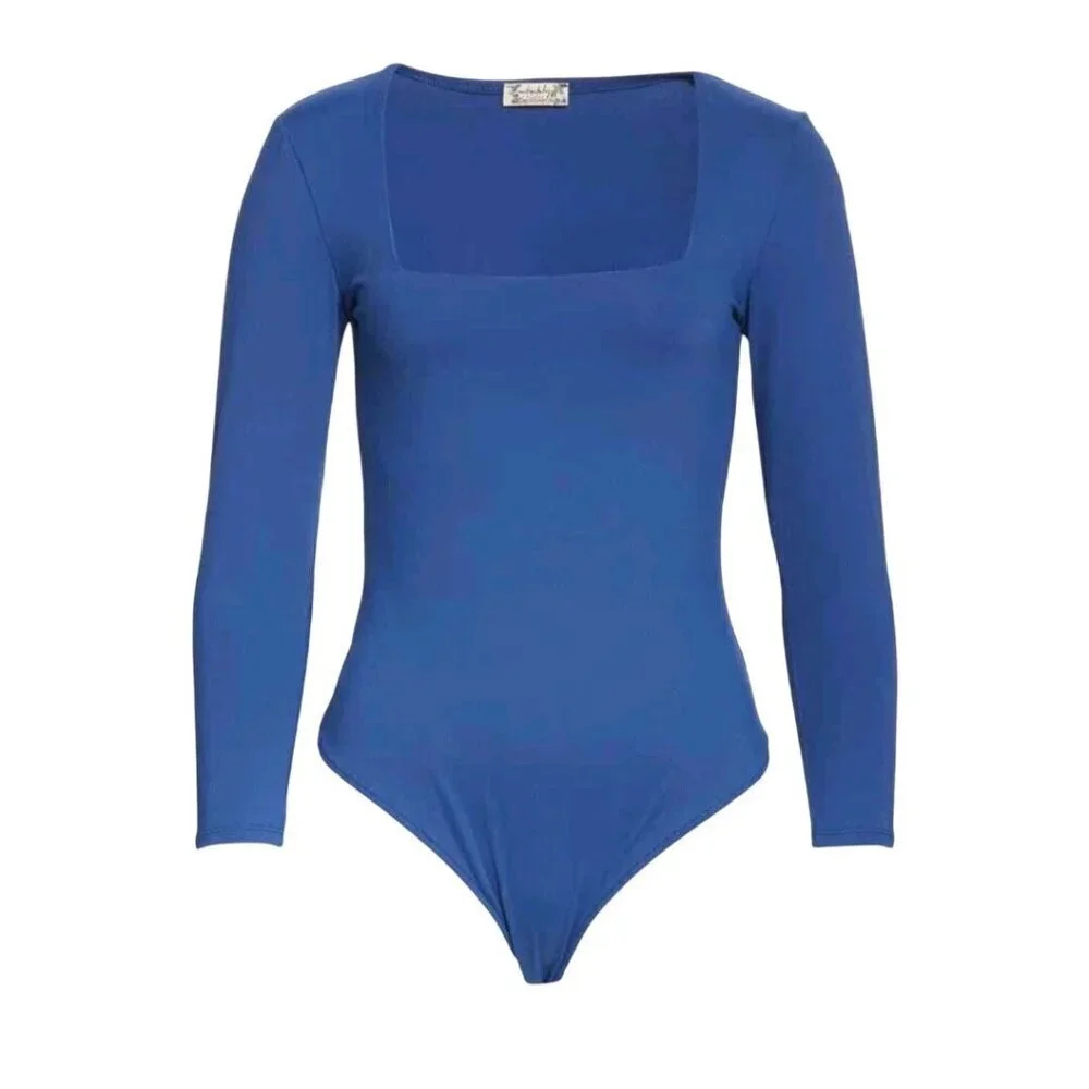 Free People Intimately Free Truth Or Square Long Sleeve Bodysuit Blue Size S